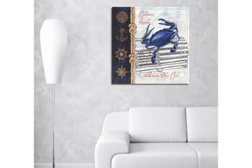 Canvastavla 45x45 cm - Blå krabba på en fiskebur med nautiska detaljer - Blå / Beige / Mörkblå - Inredning - Tavlor & posters - Canvastavla