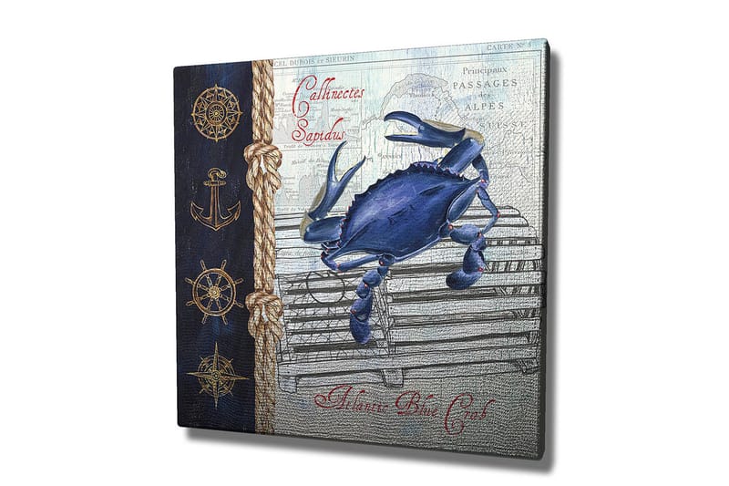 Canvastavla 45x45 cm - Blå krabba på en fiskebur med nautiska detaljer - Blå / Beige / Mörkblå - Inredning - Tavlor & posters - Canvastavla
