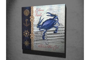 Canvastavla 45x45 cm - Blå krabba på en fiskebur med nautiska detaljer - Blå / Beige / Mörkblå - Inredning - Tavlor & posters - Canvastavla