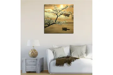 Canvastavla 45x45 cm - Blommande körsbärsträd vid solnedgången - Vit / Guld / Grön - Inredning - Tavlor & posters - Canvastavla