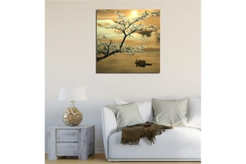 Canvastavla 45x45 cm - Blommande körsbärsträd vid solnedgången - Vit / Guld / Grön - Inredning - Tavlor & posters - Canvastavla