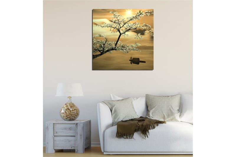 Canvastavla 45x45 cm - Blommande körsbärsträd vid solnedgången - Vit / Guld / Grön - Inredning - Tavlor & posters - Canvastavla