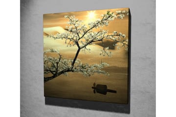 Canvastavla 45x45 cm - Blommande körsbärsträd vid solnedgången - Vit / Guld / Grön - Inredning - Tavlor & posters - Canvastavla