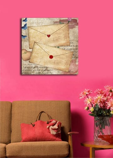 Canvastavla 45x45 cm - Brev med hjärtan och blommor på ett gammaldags papper - Beige / Röd / Blå - Inredning - Tavlor & posters - Canvastavla