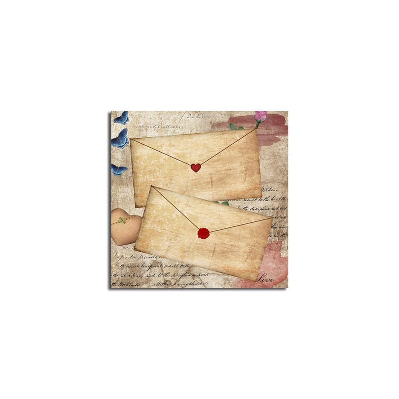 Canvastavla 45x45 cm - Brev med hjärtan och blommor på ett gammaldags papper - Beige / Röd / Blå - Inredning - Tavlor & posters - Canvastavla