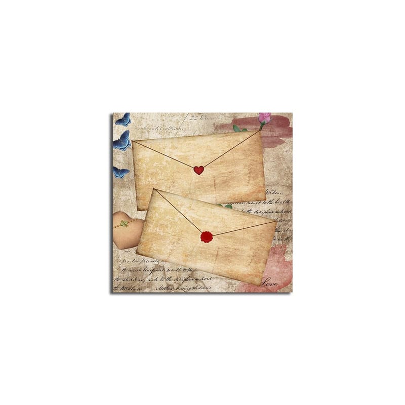 Canvastavla 45x45 cm - Brev med hjärtan och blommor på ett gammaldags papper - Beige / Röd / Blå - Inredning - Tavlor & posters - Canvastavla