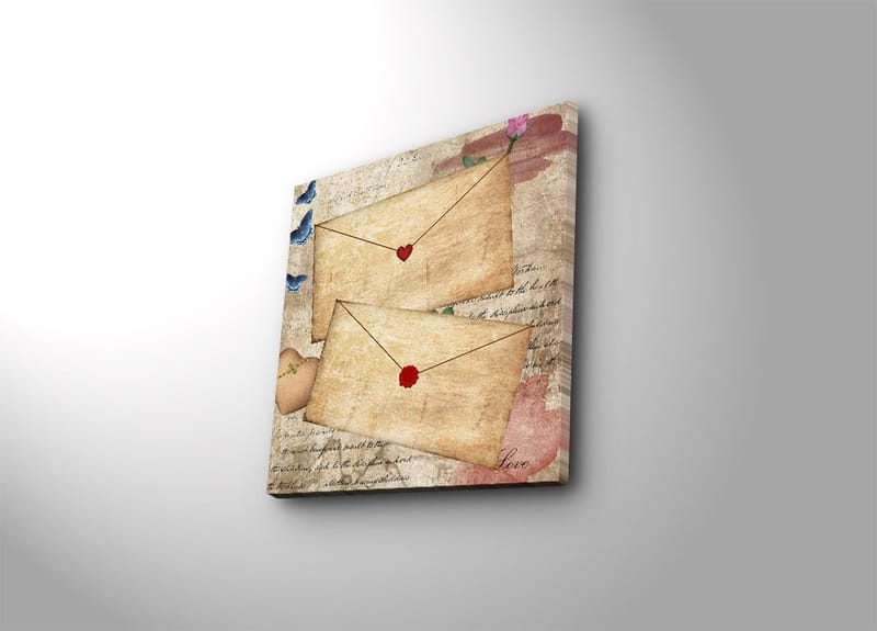 Canvastavla 45x45 cm - Brev med hjärtan och blommor på ett gammaldags papper, Beige / Röd / Blå