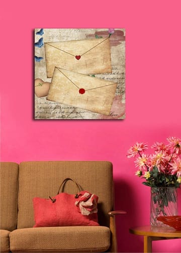 Canvastavla 45x45 cm - Brev med hjärtan och blommor på ett gammaldags papper - Beige / Röd / Blå - Inredning - Tavlor & posters - Canvastavla