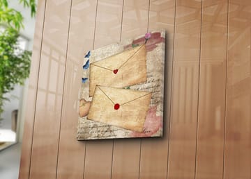 Canvastavla 45x45 cm - Brev med hjärtan och blommor på ett gammaldags papper - Beige / Röd / Blå - Inredning - Tavlor & posters - Canvastavla