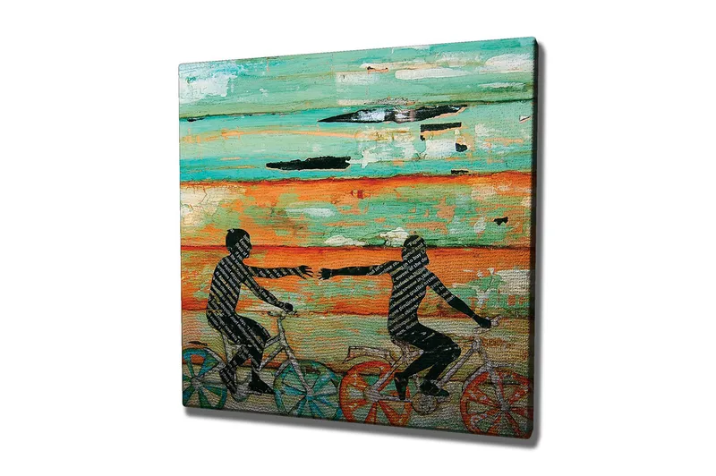 Canvastavla 45x45 cm - Cyklande personer som sträcker ut händerna mot varandra - Turkos / Orange / Svart - Inredning - Tavlor & posters - Canvastavla