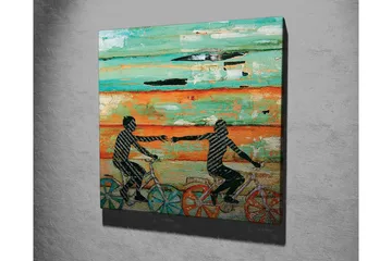 Canvastavla 45x45 cm - Cyklande personer som sträcker ut händerna mot varandra - Turkos / Orange / Svart - Inredning - Tavlor & posters - Canvastavla