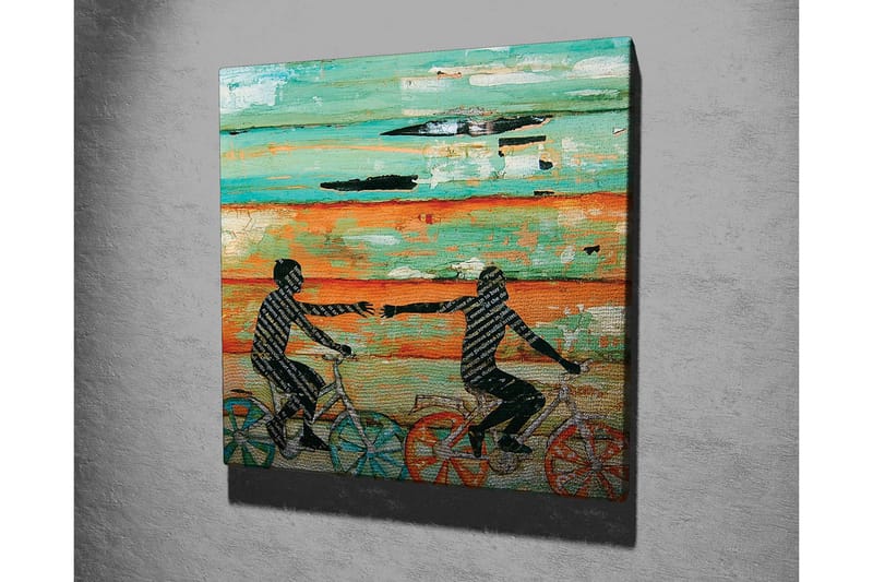 Canvastavla 45x45 cm - Cyklande personer som sträcker ut händerna mot varandra - Turkos / Orange / Svart - Inredning - Tavlor & posters - Canvastavla