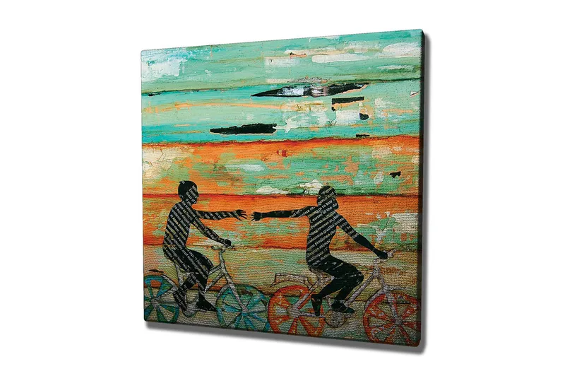 Canvastavla 45x45 cm - Cyklande personer som sträcker ut händerna mot varandra - Turkos / Orange / Svart - Inredning - Tavlor & posters - Canvastavla