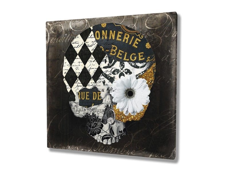 Canvastavla 45x45 cm - Dödskalle med blommor och geometriska mönster - Svart / Vitt / Gult - Inredning - Tavlor & posters - Canvastavla