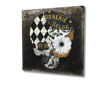 Canvastavla 45x45 cm - Dödskalle med blommor och geometriska mönster - Svart / Vitt / Gult - Inredning - Tavlor & posters - Canvastavla