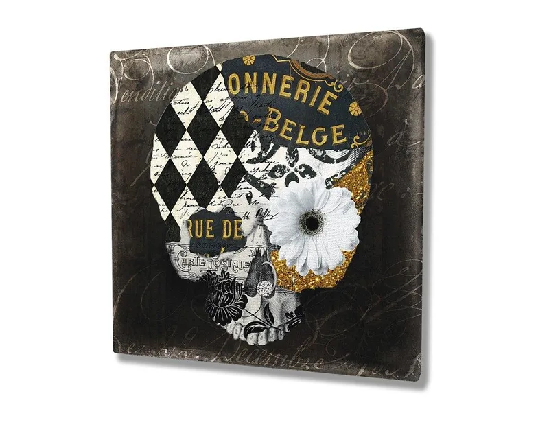 Canvastavla 45x45 cm - D ödskalle med blommor och geometriska mönster - Svart / Vitt / Gult - Inredning - Tavlor & posters - Canvastavla