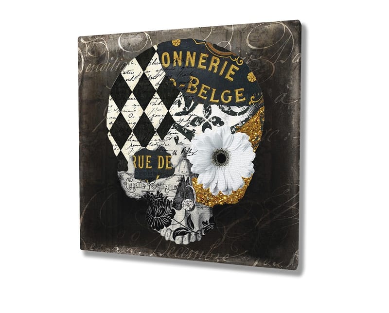 Canvastavla 45x45 cm - Dödskalle med blommor och geometriska mönster - Svart / Vitt / Gult - Inredning - Tavlor & posters - Canvastavla