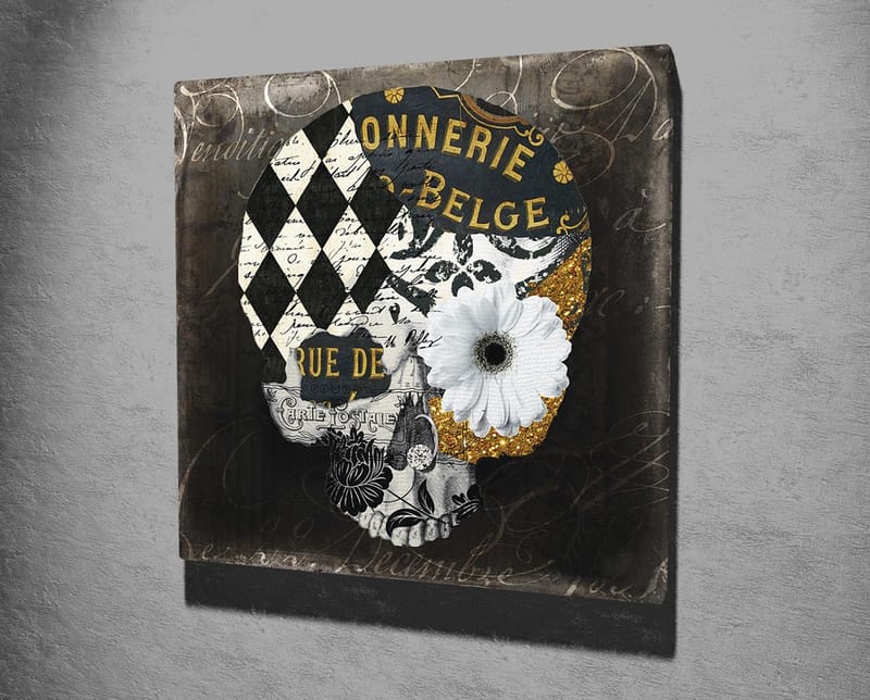 Canvastavla 45x45 cm - Dödskalle med blommor och geometriska mönster - Svart / Vitt / Gult - Inredning - Tavlor & posters - Canvastavla