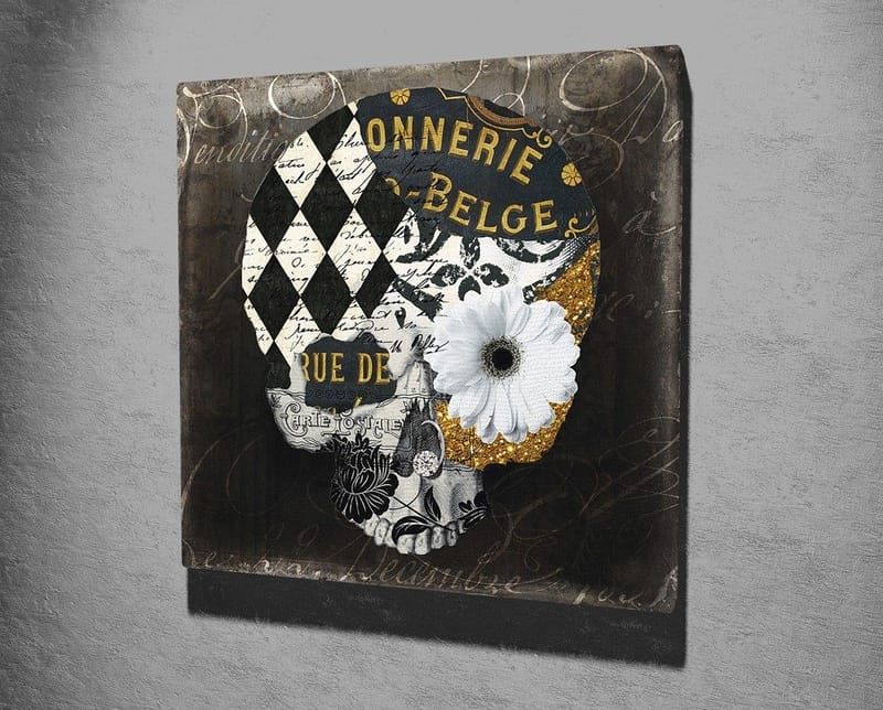 Canvastavla 45x45 cm - Dödskalle med blommor och geometriska mönster - Svart / Vitt / Gult - Inredning - Tavlor & posters - Canvastavla