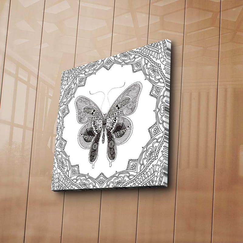 Canvastavla 45x45 cm - Detaljerad fjäril i svart och vitt med ornamentala mönster - Svart / Vitt - Inredning - Tavlor & posters - Canvastavla