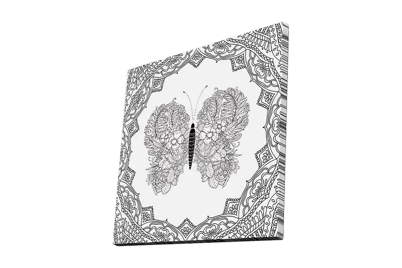 Canvastavla 45x45 cm - Detaljerad fjäril med blommönster i symmetrisk komposition - Svart / Vitt - Inredning - Tavlor & posters - Canvastavla