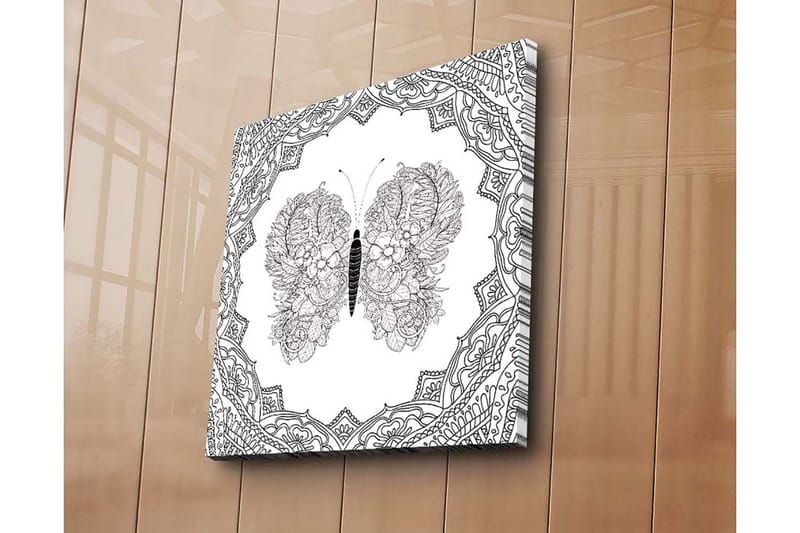 Canvastavla 45x45 cm - Detaljerad fjäril med blommönster i symmetrisk komposition - Svart / Vitt - Inredning - Tavlor & posters - Canvastavla