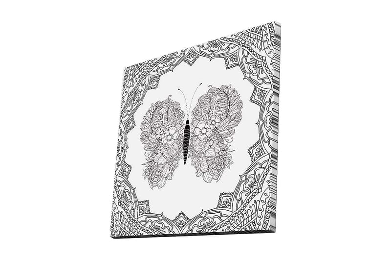 Canvastavla 45x45 cm - Detaljerad fjäril med blommönster i symmetrisk komposition, Svart / Vitt