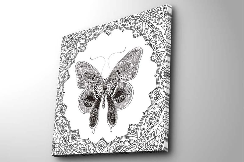 Canvastavla 45x45 cm - Detaljerad fjäril omgiven av ornamentala mönster - Svart / Vitt - Inredning - Tavlor & posters - Canvastavla