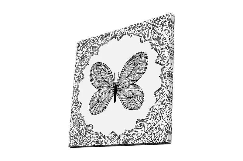 Canvastavla 45x45 cm - Detaljerad fjäril omgiven av ornamentala mönster, Svart / Vitt
