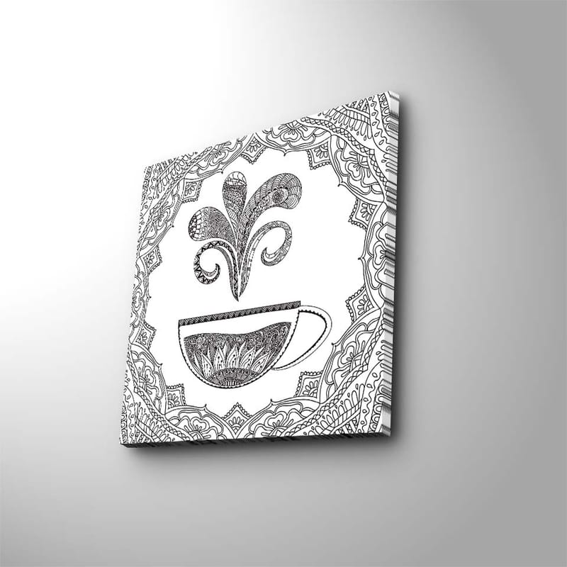 Canvastavla 45x45 cm - Detaljerad illustration av en kaffekopp med ångande mönster, Svart / Vitt