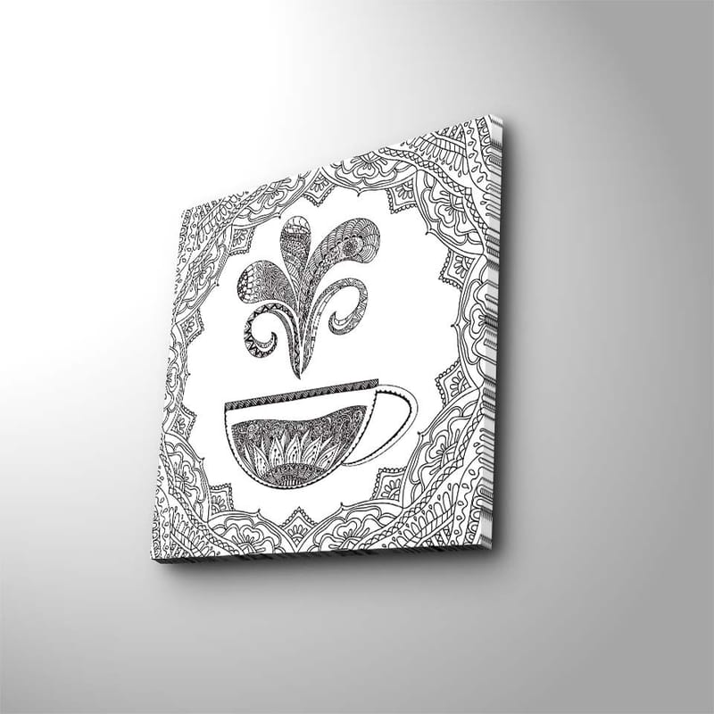 Canvastavla 45x45 cm - Detaljerad illustration av en kaffekopp med ångande mönster, Svart / Vitt