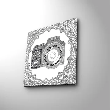 Canvastavla 45x45 cm - Detaljerad illustration av en kamera omgiven av ornamentala mönster - Svart / Vitt - Inredning - Tavlor & posters - Canvastavla