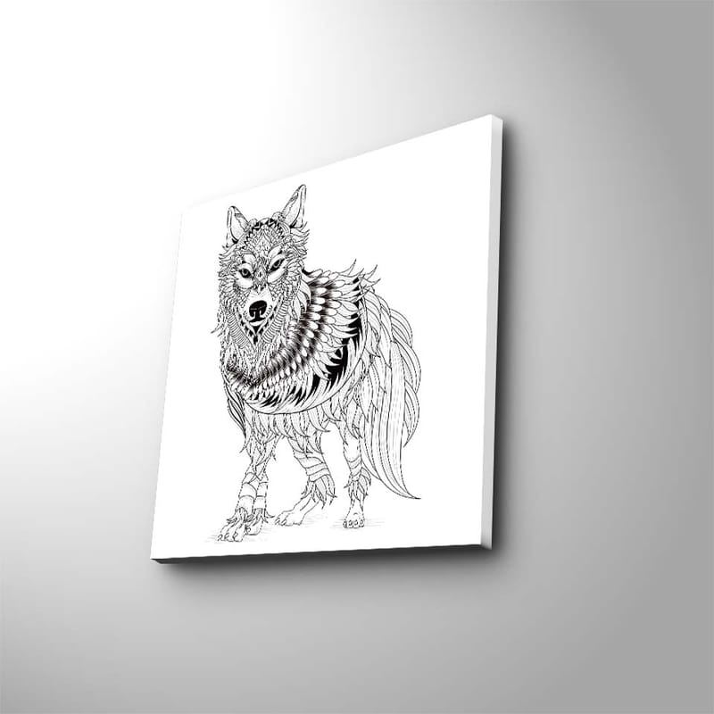 Canvastavla 45x45 cm - Detaljerad illustration av en varg med fjädrar och ornamentala mönster, Svart / Vitt