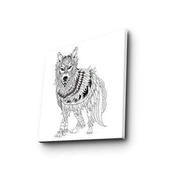 Canvastavla 45x45 cm - Detaljerad illustration av en varg med fjädrar och ornamentala mönster - Svart / Vitt - Inredning - Tavlor & posters - Canvastavla
