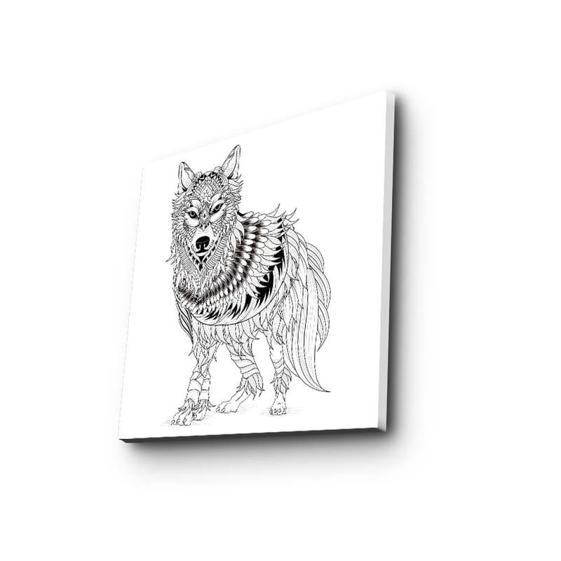 Canvastavla 45x45 cm - Detaljerad illustration av en varg med fjädrar och ornamentala mönster - Svart / Vitt - Inredning - Tavlor & posters - Canvastavla
