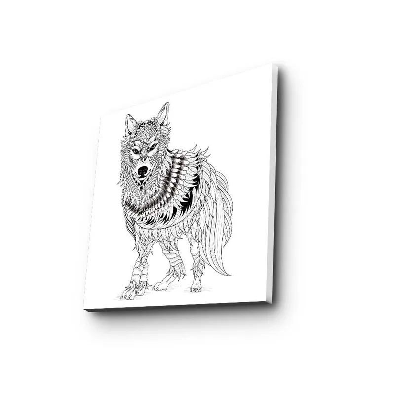 Canvastavla 45x45 cm - Detaljerad illustration av en varg med fjädrar och ornamentala mönster - Svart / Vitt - Inredning - Tavlor & posters - Canvastavla
