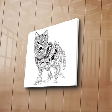 Canvastavla 45x45 cm - Detaljerad illustration av en varg med fjädrar och ornamentala mönster - Svart / Vitt - Inredning - Tavlor & posters - Canvastavla