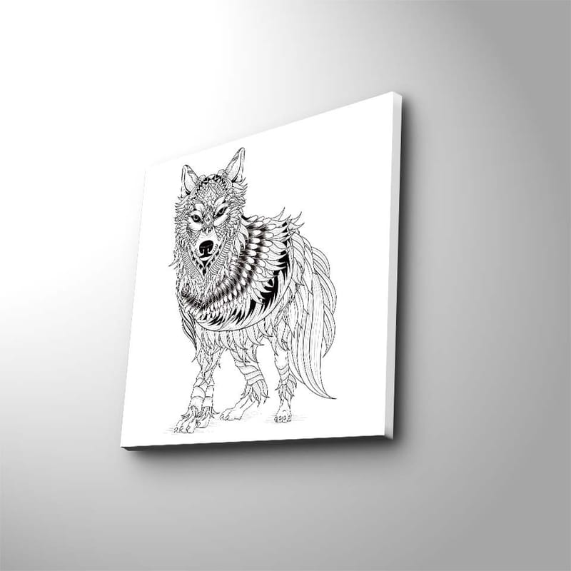 Canvastavla 45x45 cm - Detaljerad illustration av en varg med fjädrar och ornamentala mönster, Svart / Vitt