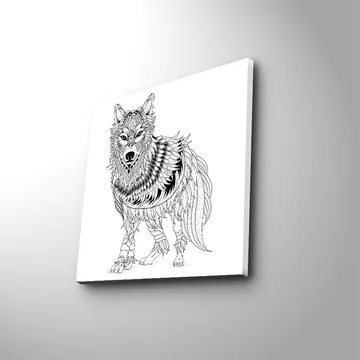 Canvastavla 45x45 cm - Detaljerad illustration av en varg med fjädrar och ornamentala mönster - Svart / Vitt - Inredning - Tavlor & posters - Canvastavla