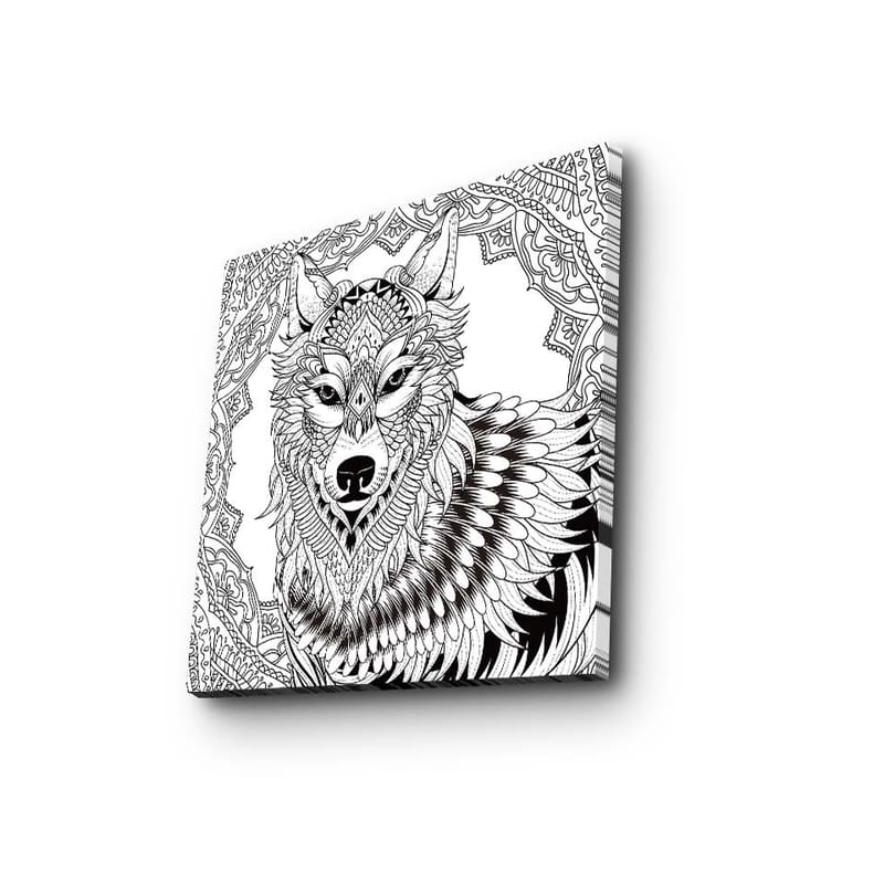 Canvastavla 45x45 cm - Detaljerad illustration av en varg med ornamentala mönster - Svart / Vitt - Inredning - Tavlor & posters - Canvastavla