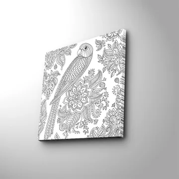 Canvastavla 45x45 cm - Detaljerad illustration av en papegoja omgiven av blommor och mönster - Svart / Vitt - Inredning - Tavlor & posters - Canvastavla