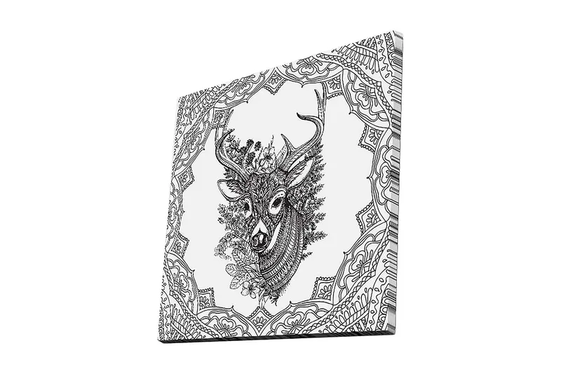 Canvastavla 45x45 cm - Detaljerad illustration av ett hjorthuvud omgiven av ornamentala mönster - Svart / Vitt - Inredning - Tavlor & posters - Canvastavla