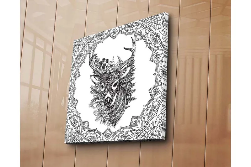 Canvastavla 45x45 cm - Detaljerad illustration av ett hjorthuvud omgiven av ornamentala mönster - Svart / Vitt - Inredning - Tavlor & posters - Canvastavla