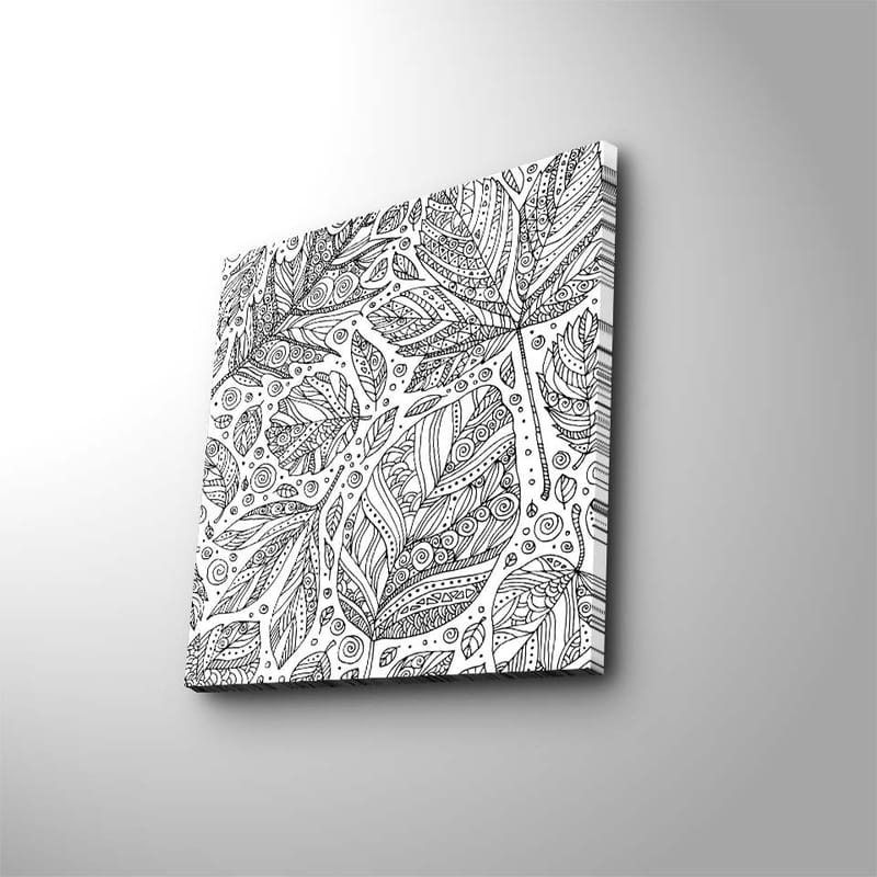 Canvastavla 45x45 cm - Detaljerad komposition av blad med mönster och linjer, Svart / Vitt