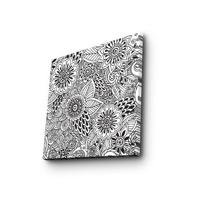 Canvastavla 45x45 cm - Detaljerad komposition av blommor och spiraler, Svart / Vitt