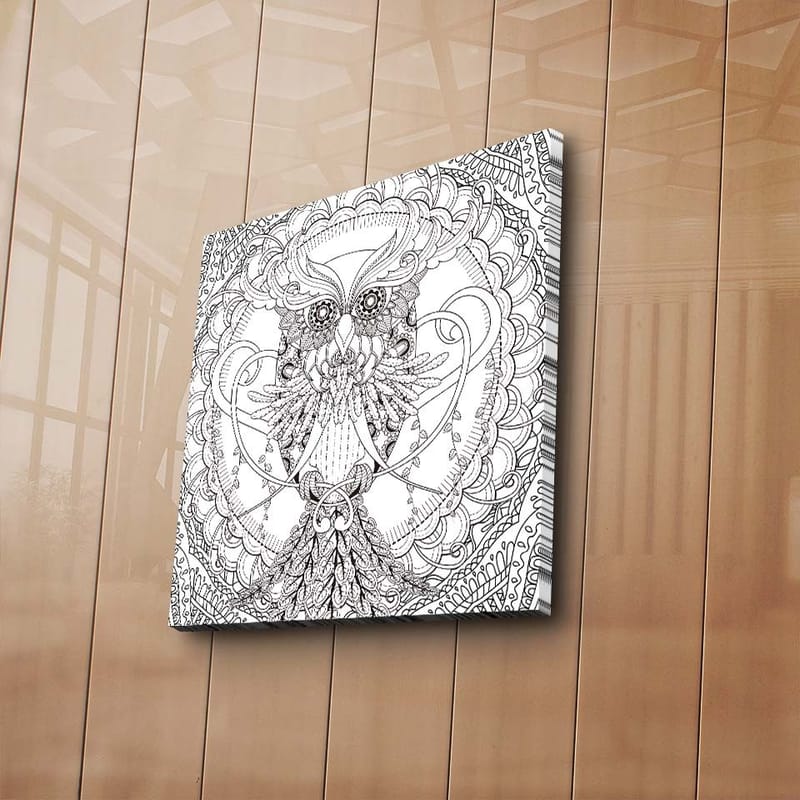 Canvastavla 45x45 cm - Detaljerad och stiliserad uggla omgiven av ornamentala mönster - Svart / Vitt - Inredning - Tavlor & posters - Canvastavla