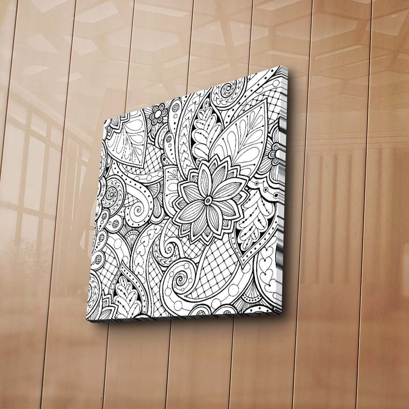 Canvastavla 45x45 cm - Detaljerad svartvit mönsterdesign med blommor och svängda linjer - Svart / Vitt - Inredning - Tavlor & posters - Canvastavla