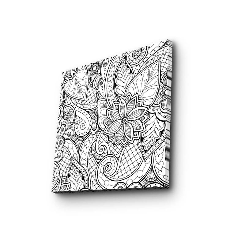 Canvastavla 45x45 cm - Detaljerad svartvit mönsterdesign med blommor och svängda linjer, Svart / Vitt