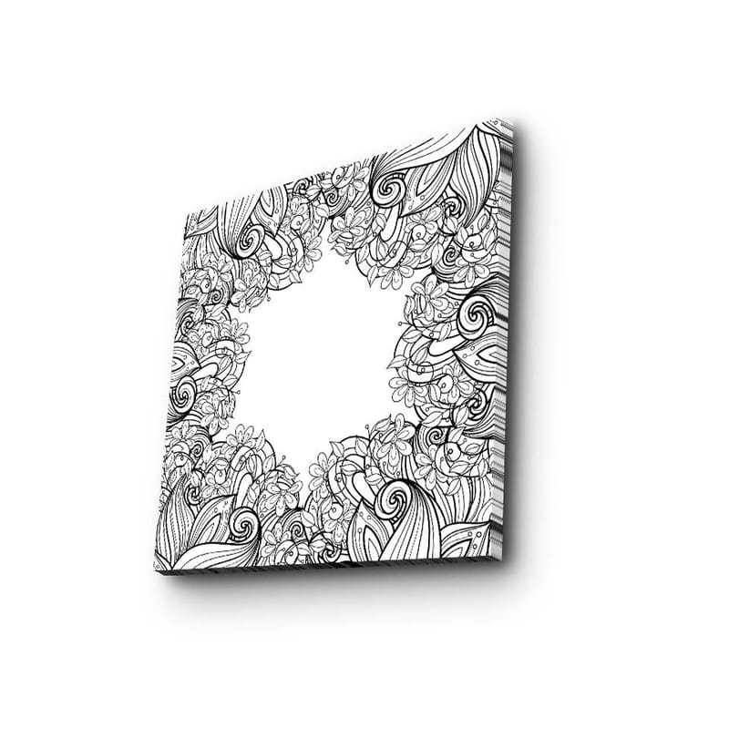 Canvastavla 45x45 cm - Detaljerad svartvit mönsterkomposition med blommor och svängda linjer, Svart / Vitt