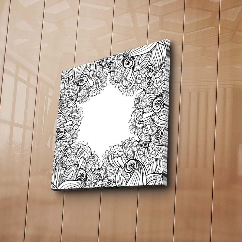 Canvastavla 45x45 cm - Detaljerad svartvit mönsterkomposition med blommor och svängda linjer - Svart / Vitt - Inredning - Tavlor & posters - Canvastavla